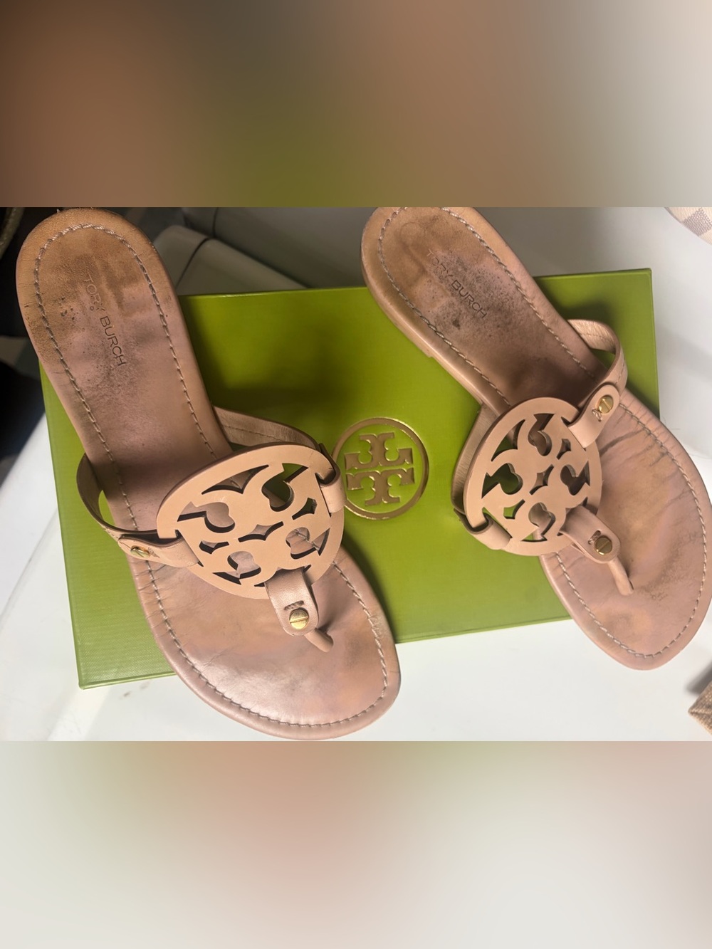 Tory Burch Miller sandal light sand with Box Label and Olive Lid